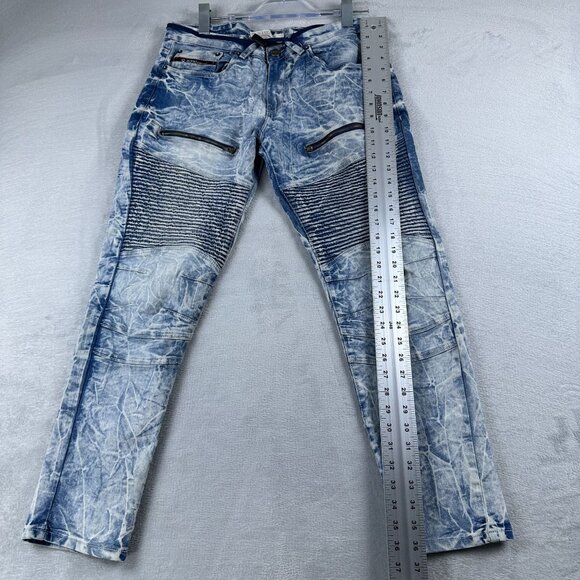 Akademiks Jeanius Skinny Jeans Mens 30X30 Moto Zipper Pockets Acid Wash Blue - Picture 12 of 13